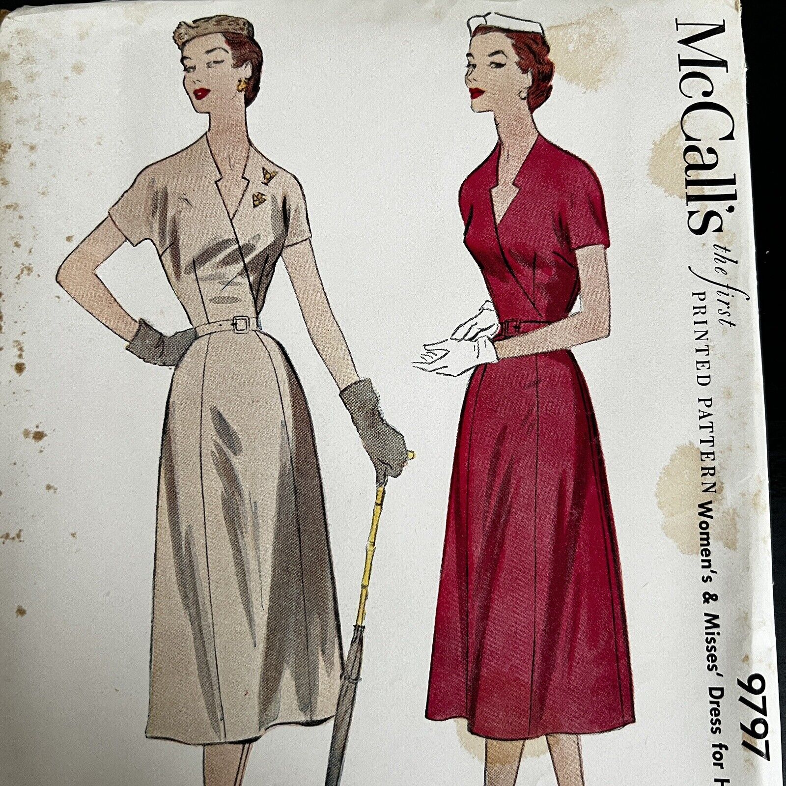 Vintage 1950s McCalls 9797 Belted V-Neck Dress Sewing Pattern 18.5 Large UNCUT