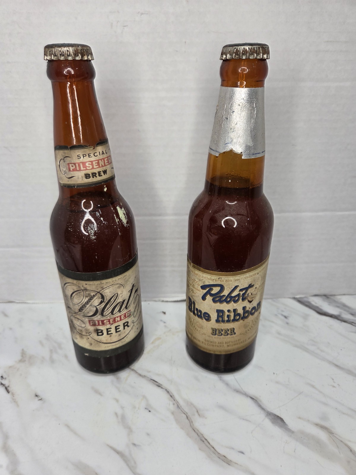 Vintage 12oz. Blatz And Pabst  Beer Paper Label Bottle Milwaukee Lot Of 2 W/Caps