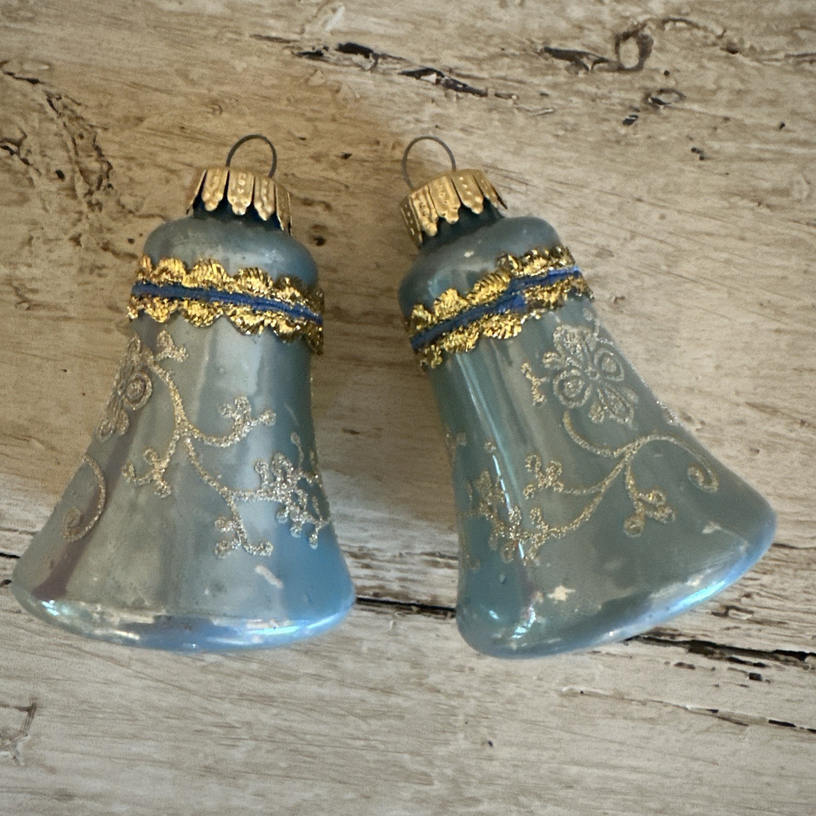 2 Vtg West Germany Gold Blue Blown Glass Christmas Tree Bell Ornament 3” Glitter