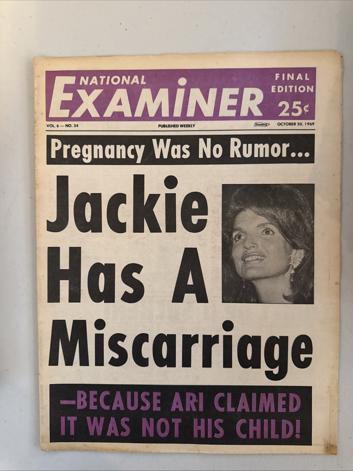 1969 Oct 20 National Examiner Newspaper, Jackie Kennedy has Miscarriage (VRN10B