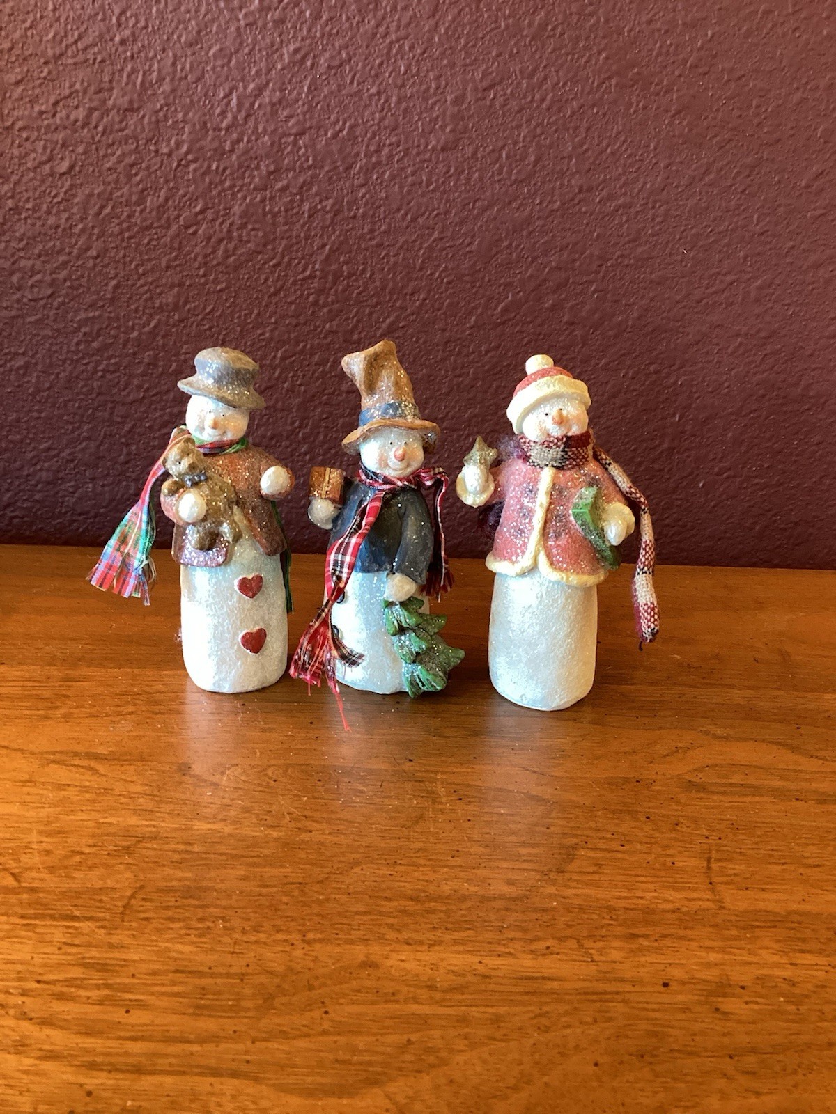Vintage Handpainted And Glittered Resin Snowman Figurines Set Of Three