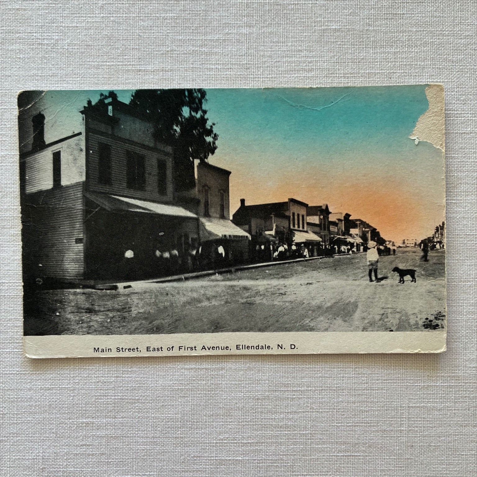 1910s Ellendale North Dakota Main Street East 1st Ave Blue Sky PC  Boy Dog