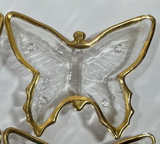 Vintage clear glass /gold trimmed BUTTERFLY DISH trinket tray ashtray candy dish