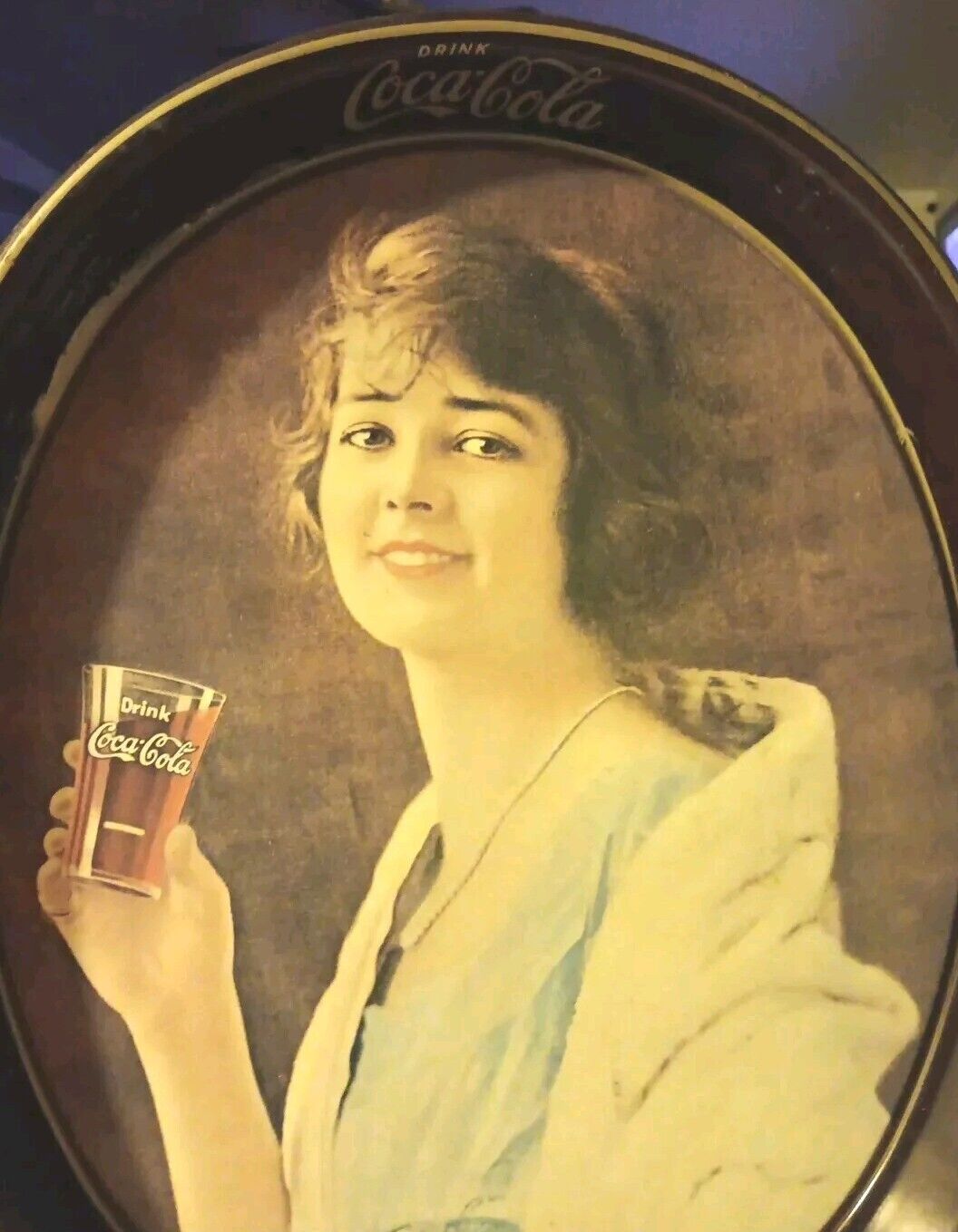 Vintage Coca Cola Serving Tray Metallic Plate Woman Drinking a Coke 15