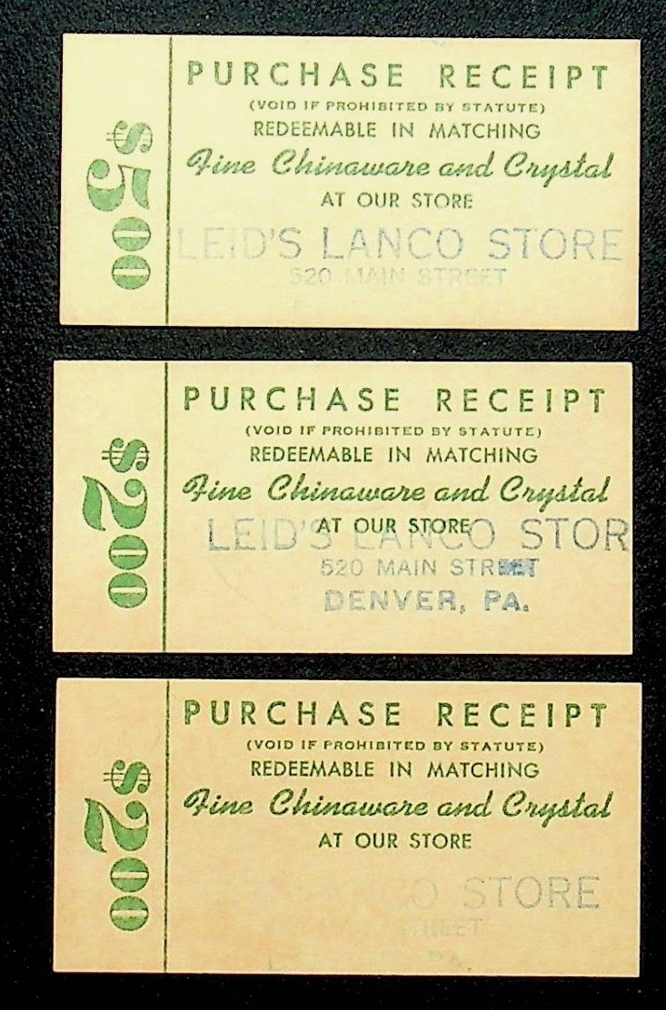 Three Vintage Leid’s Lanco Store Purchase Receipts Denver PA. - NN-65 Three Vintage Leid’s Lanco Store Purchase Receipts Denver PA. - NN-65