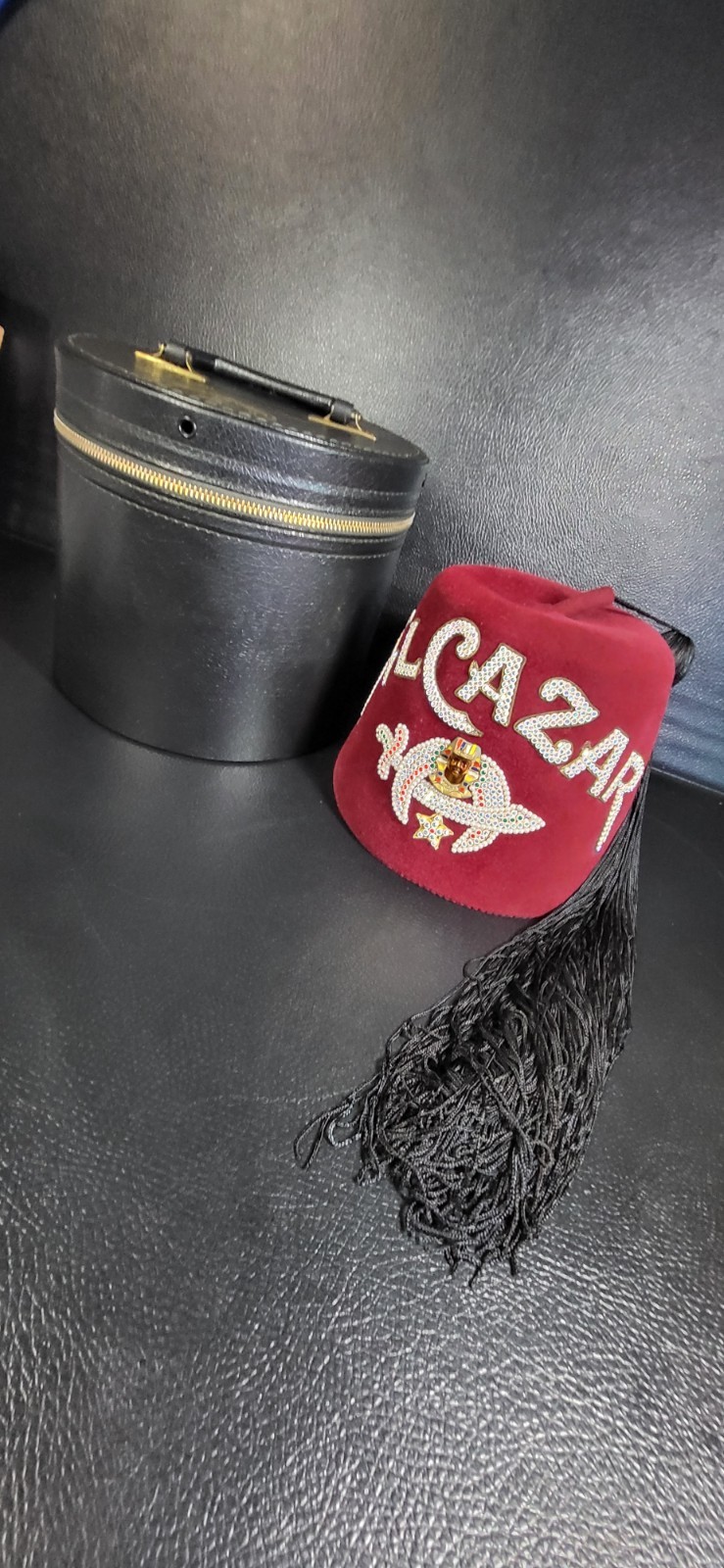 Vintage Alcazar Shriners Maroon Jeweled Fez Hat  & Case Montgomery, Alabama