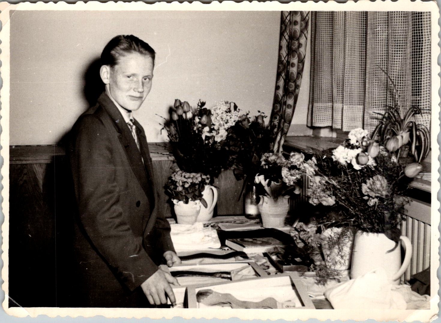 Vtg B&W Snapshot Young Man Suit Flowers Table Gifts Confirmation 1940s