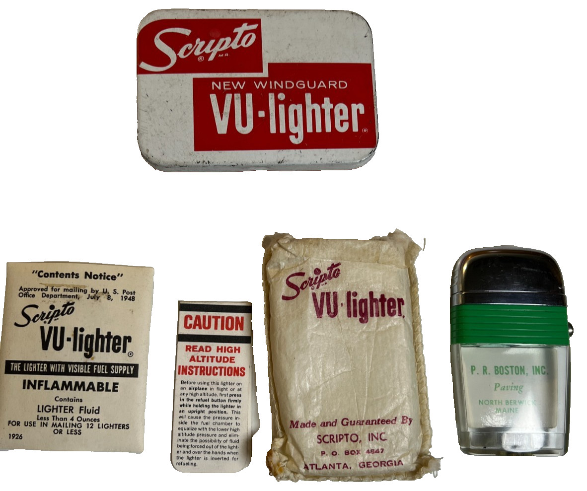 Vintage Scripto VU-Lighter Advertising Lighter Tin Boston North Berwick Maine