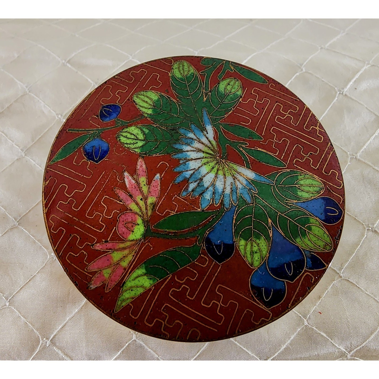 Vintage Chinese Cloisonne Enamel Brass Round Trinket Jewelry Box Floral 3\