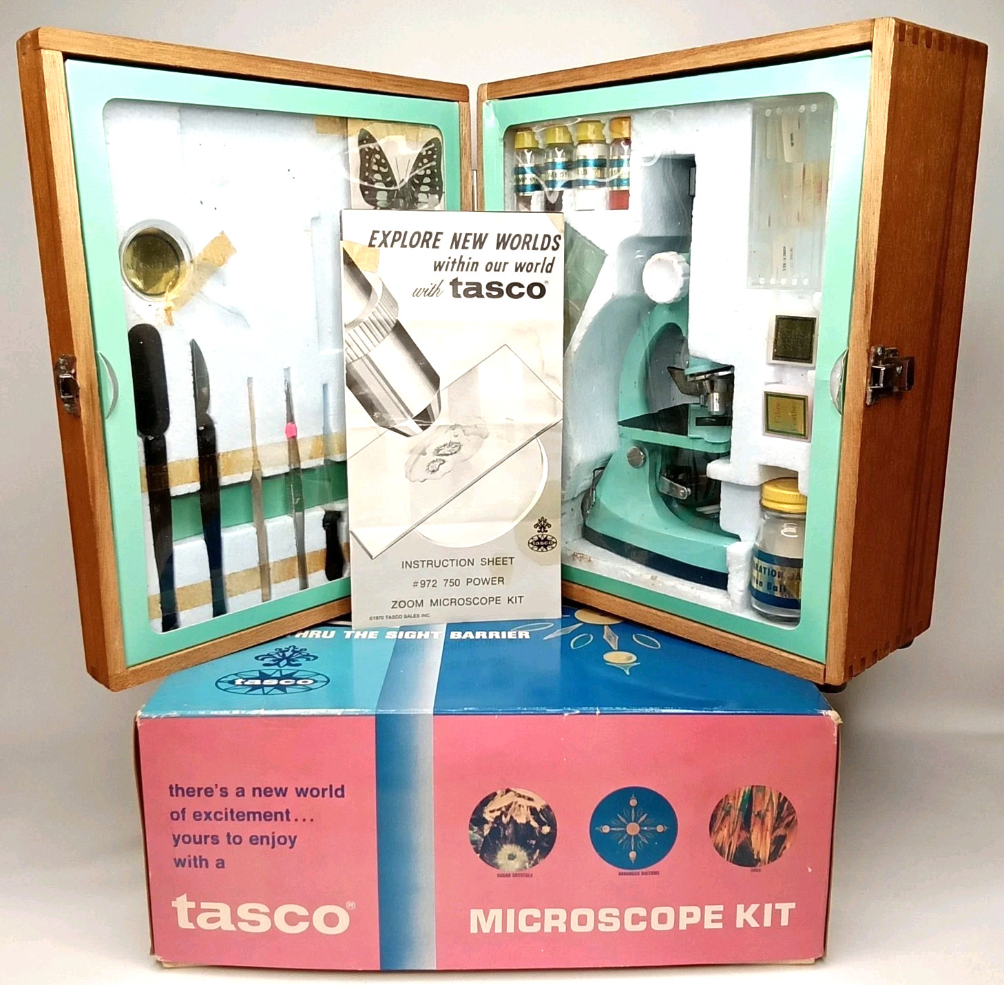 Vintage 1970s Tasco #972 Microscope Kit With Original Box Wood Case & Manual
