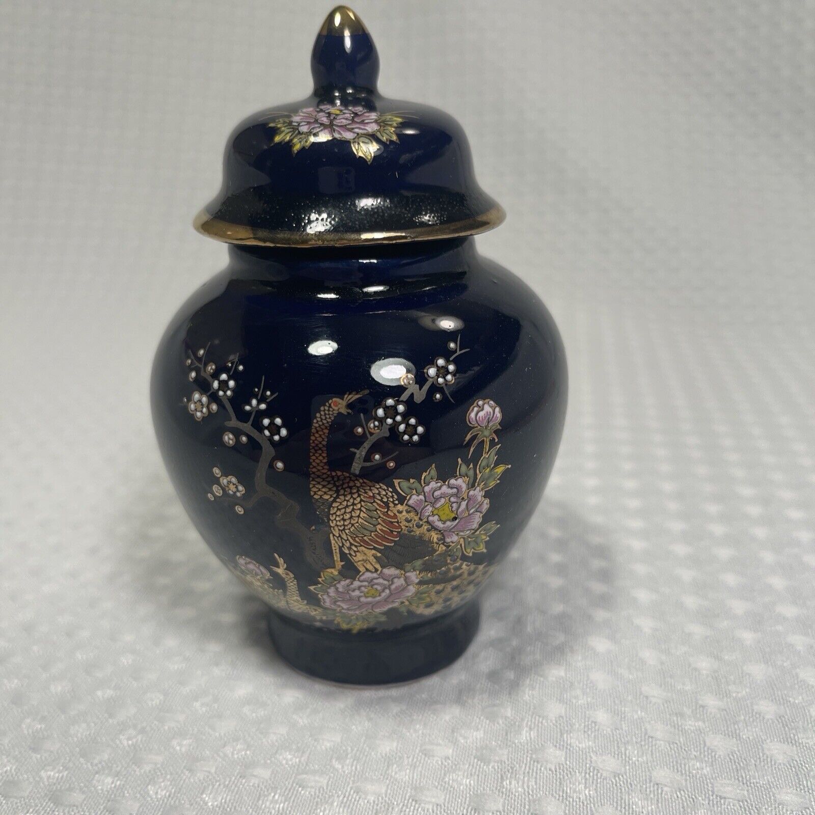 Vintage Blue and Gold Floral Peacock Japanese Ceramic Ginger Jar with Lid