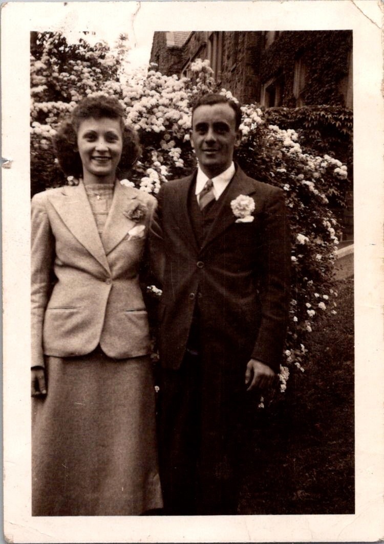 Vintage 1940s 50s Snapshot Photo Couple Man Woman Formal Attire Flowers Garden