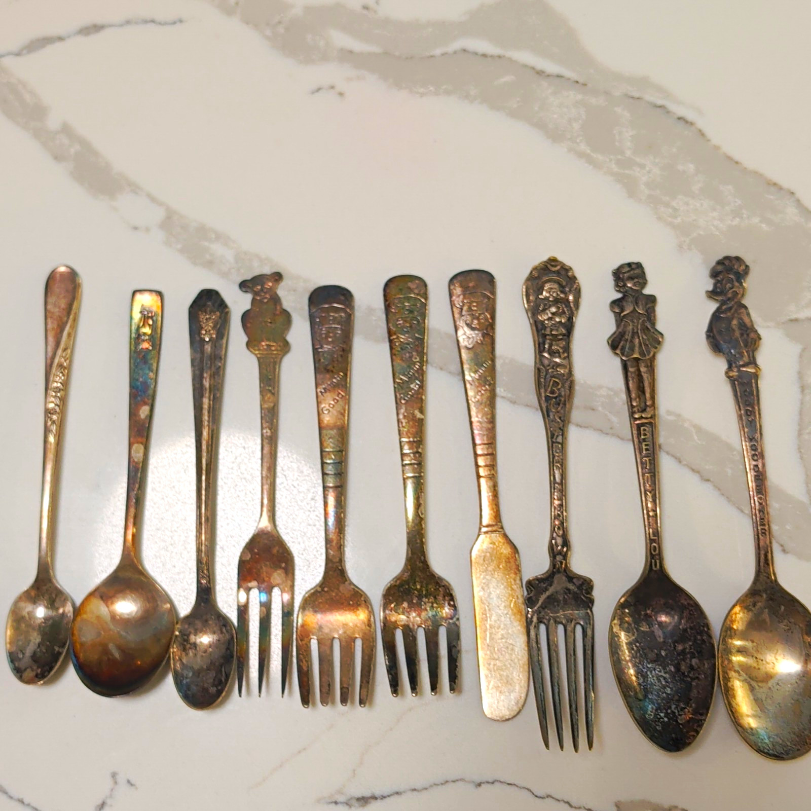 Lot of 11 Vintage Novelty Cartoon Souvenir Silver Metal Spoons