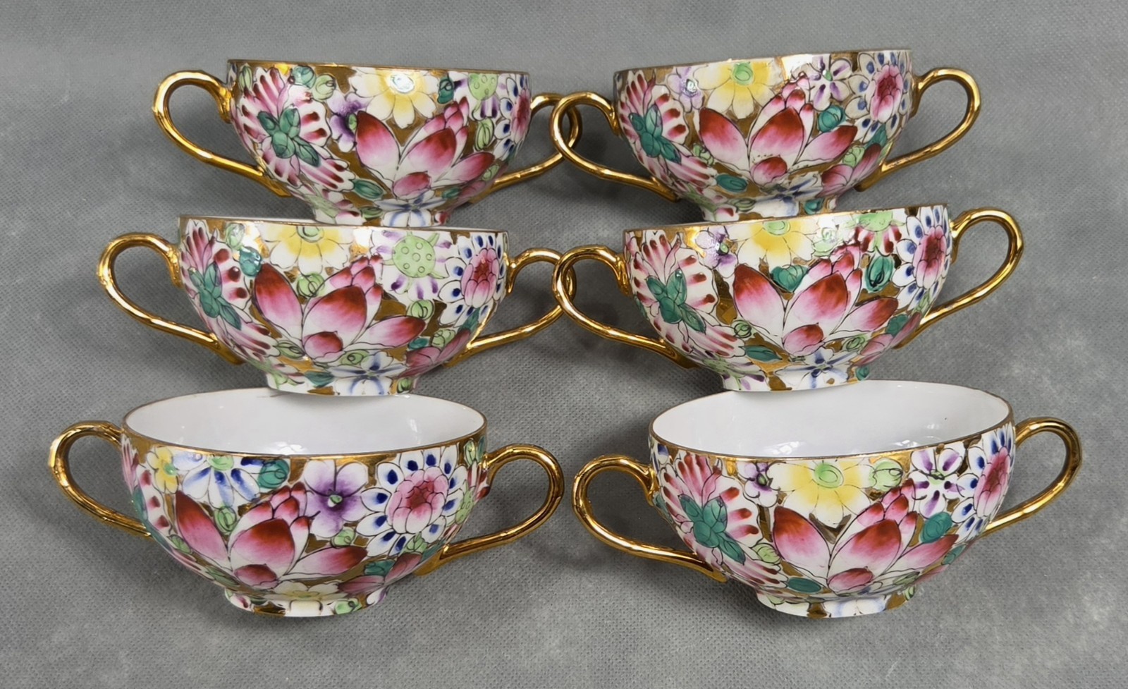 Vintage ASIAN Hand Painted FLORAL Porcelain DOUBLE HANDLE Cups Lot of 6
