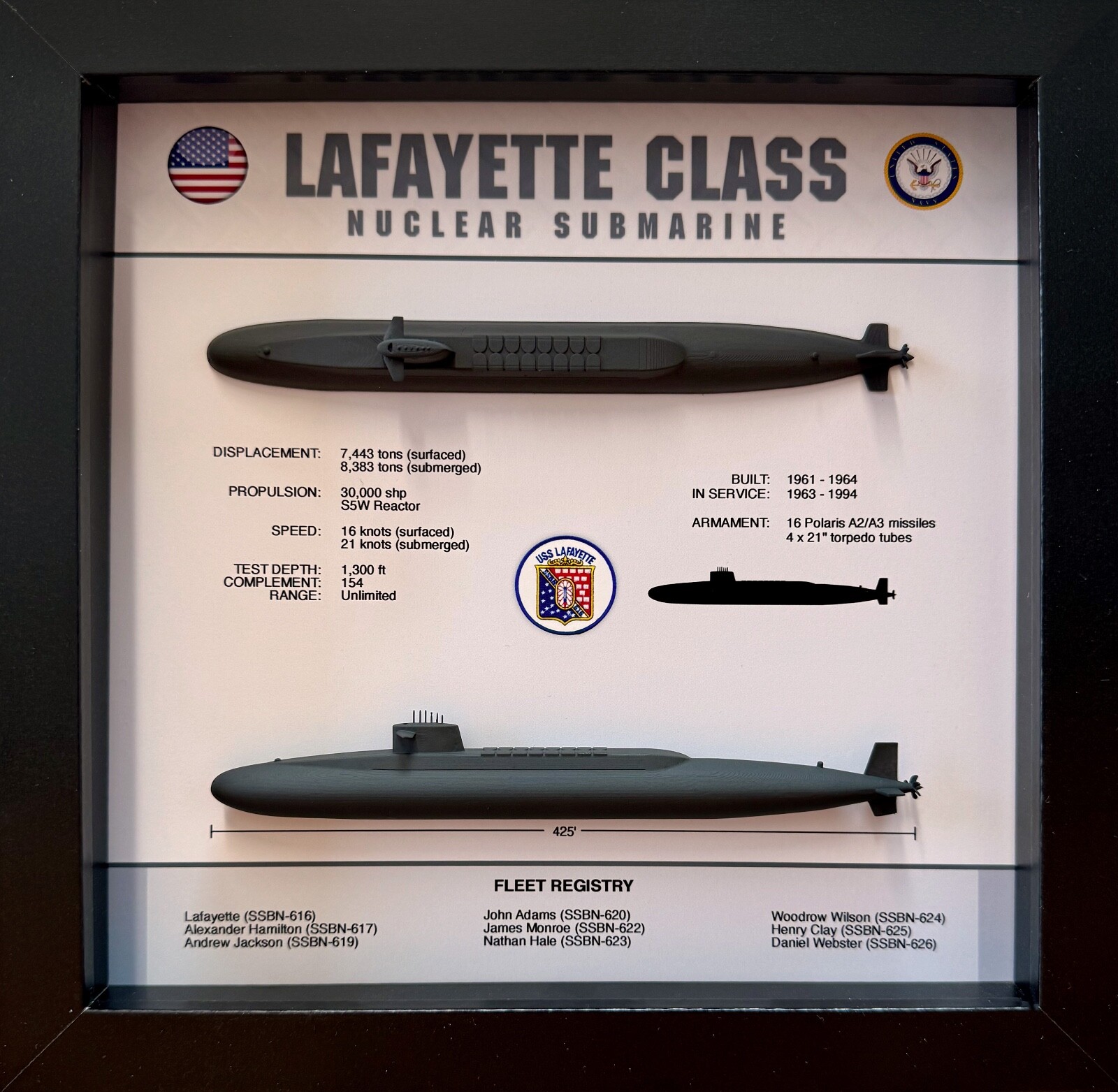 Lafayette Class Submarine Memorial Display Shadow Box, 9 Lafayette Class Submarine Memorial Display Shadow Box, 9