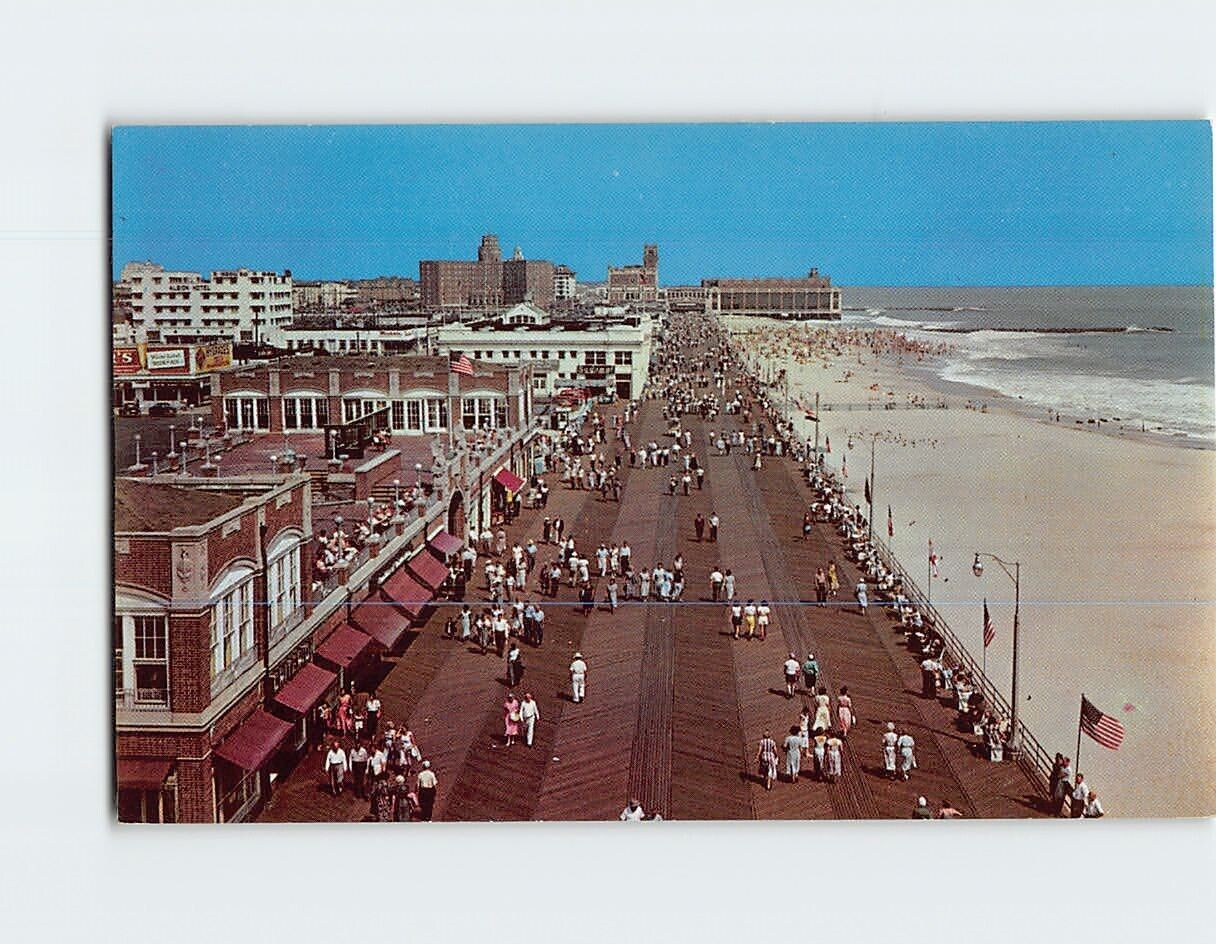 Postcard Looking Down Boardwalk & Beach Convention Hall New Jersey USA