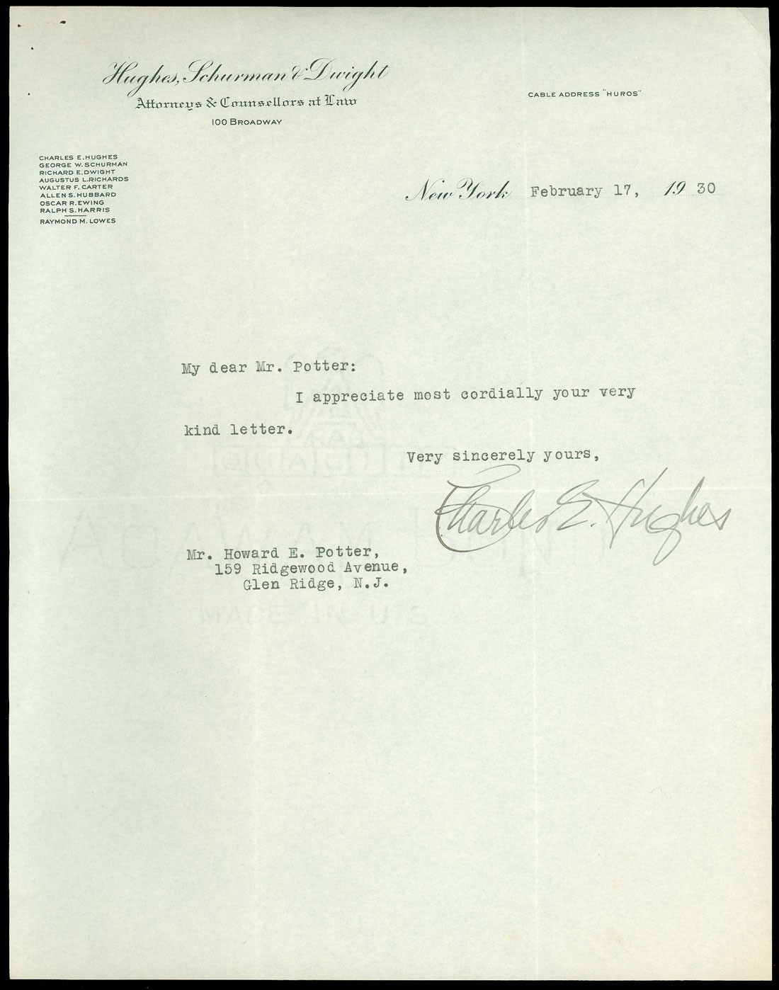 1930 CHARLES EVANS HUGHES SR. Signed Letterhead, US CHIEF JUSTICE, SECY of STATE