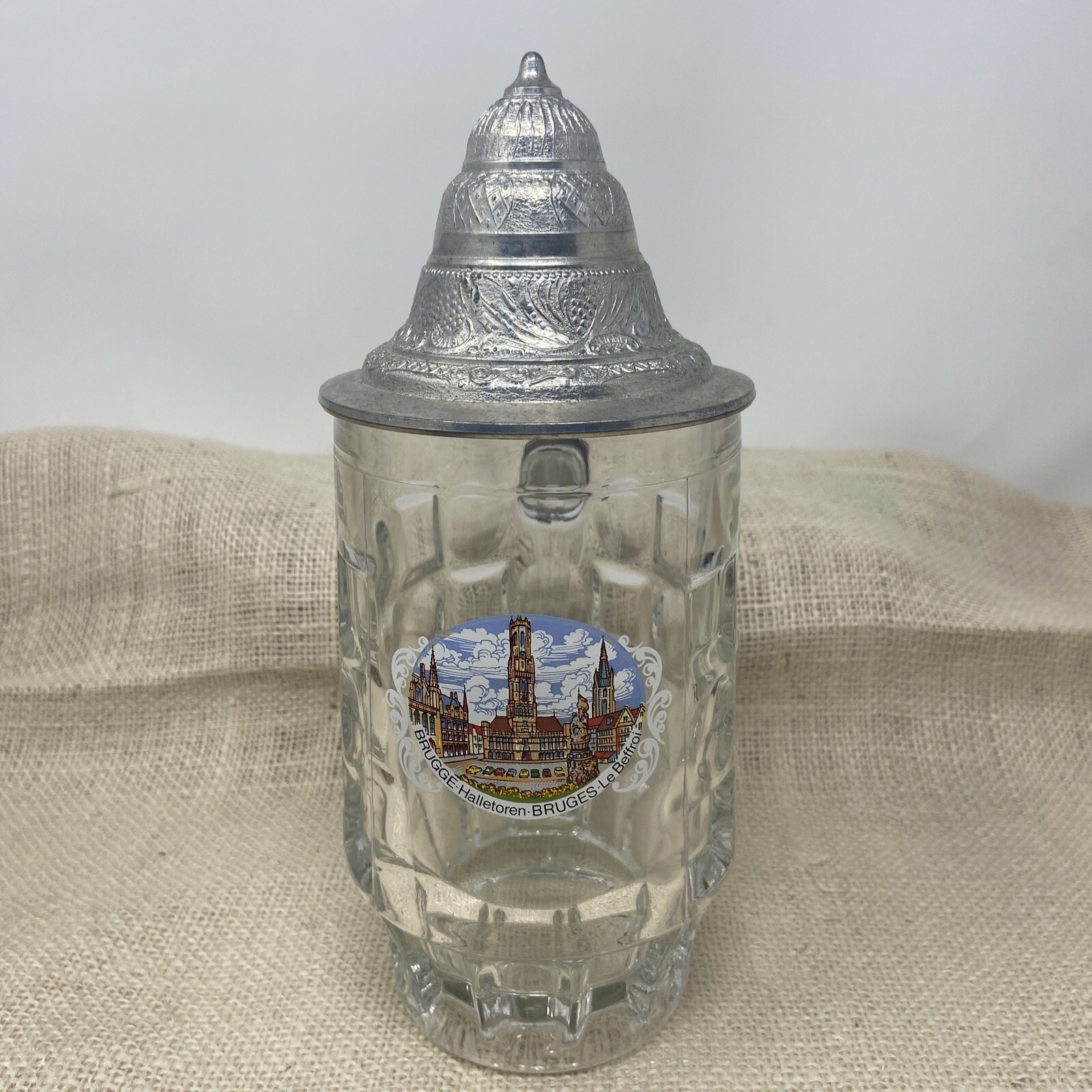 Vintage Brugge Halletoren Bruges Le Beffroi Lidded Glass Stein Vintage Brugge Halletoren Bruges Le Beffroi Lidded Glass Stein