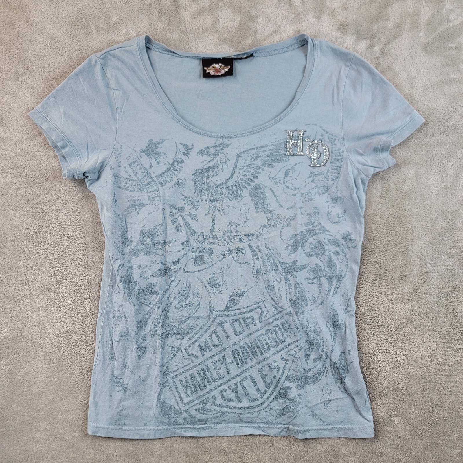 Harley Davidson t-shirt women's Large graphic print bling scoop neck Blue