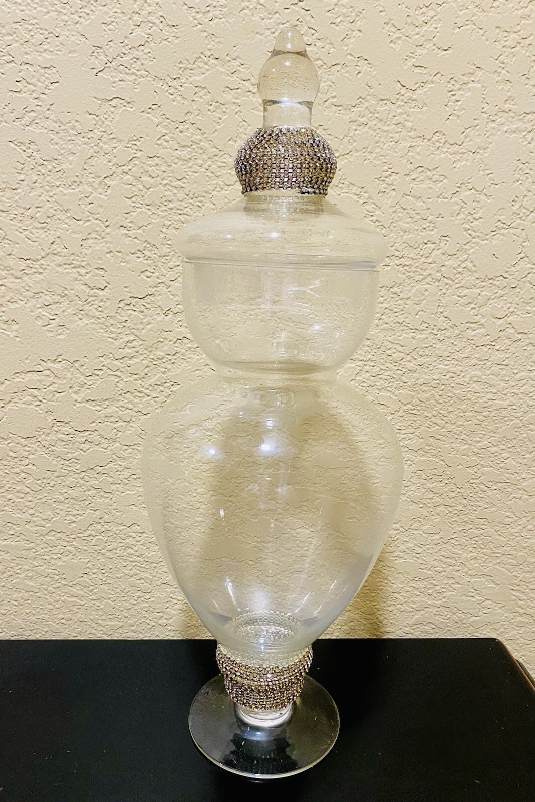 VTG Clear Glass Apothecary Jar-Silver Rhinestone accents Lid Pedestal Base 16”