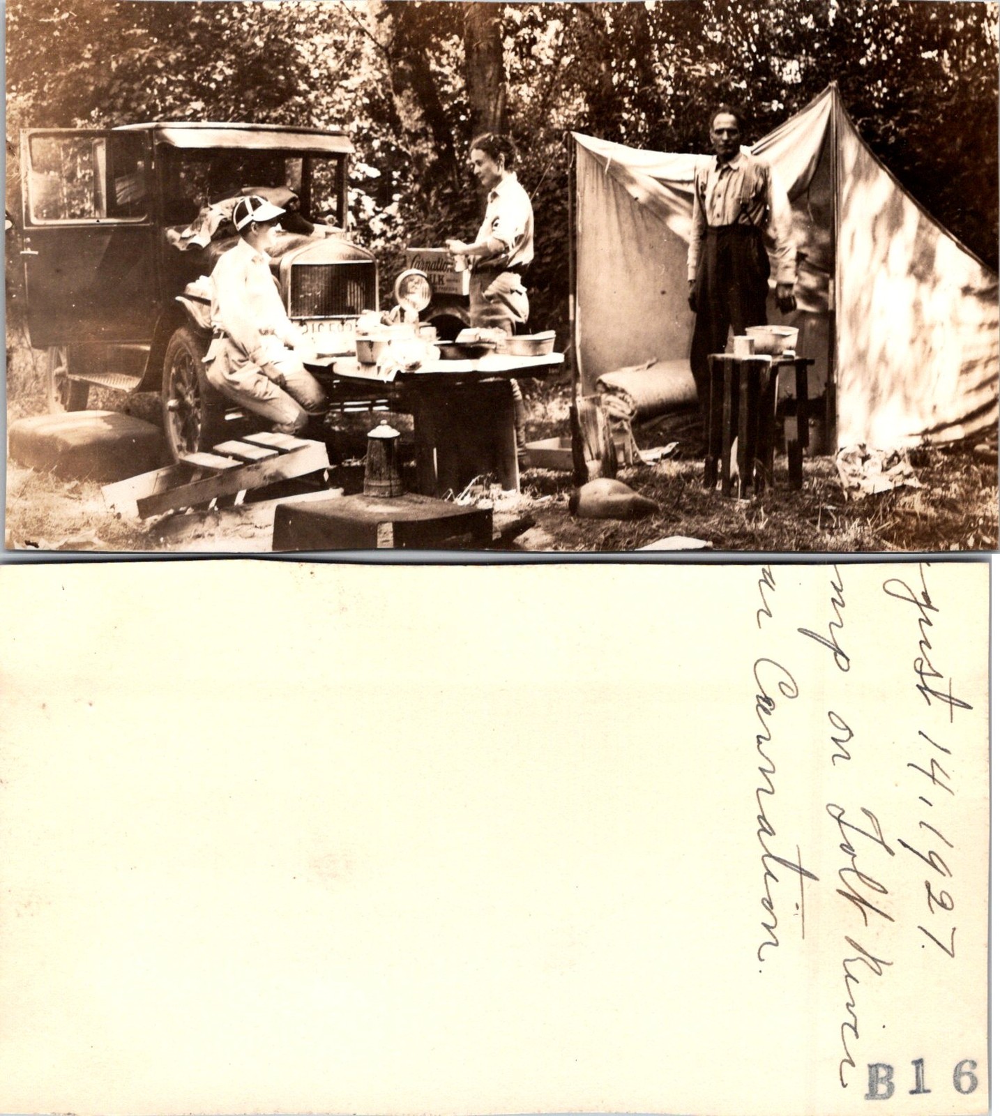 1927 Camping Camp Site Car Tent Couple B+W Photo S0082
