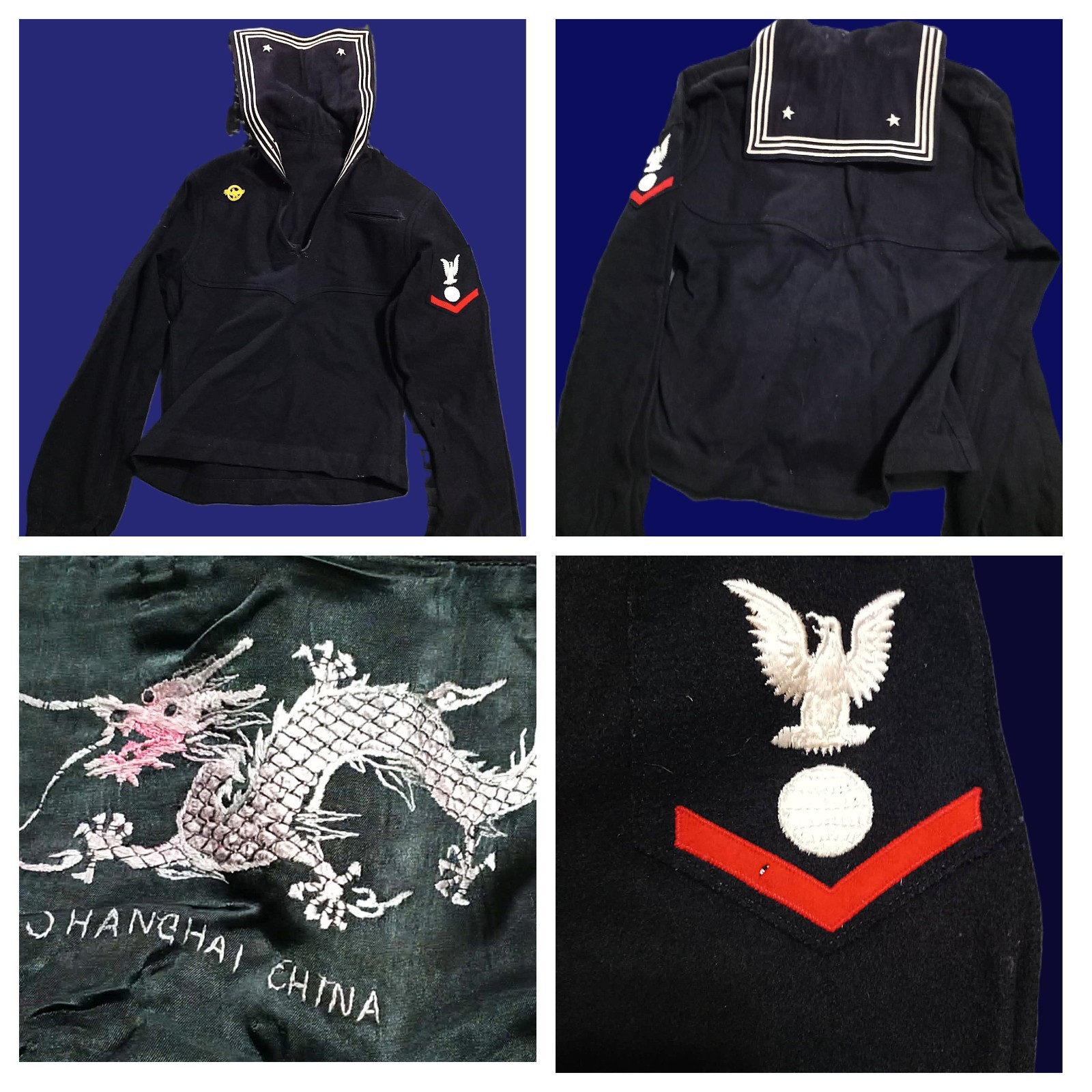 WWII USN Dress Blue Jumper Shanghai China Liberty Flap Sailor Uniform 1945 WWII USN Dress Blue Jumper Shanghai China Liberty Flap Sailor Uniform 1945