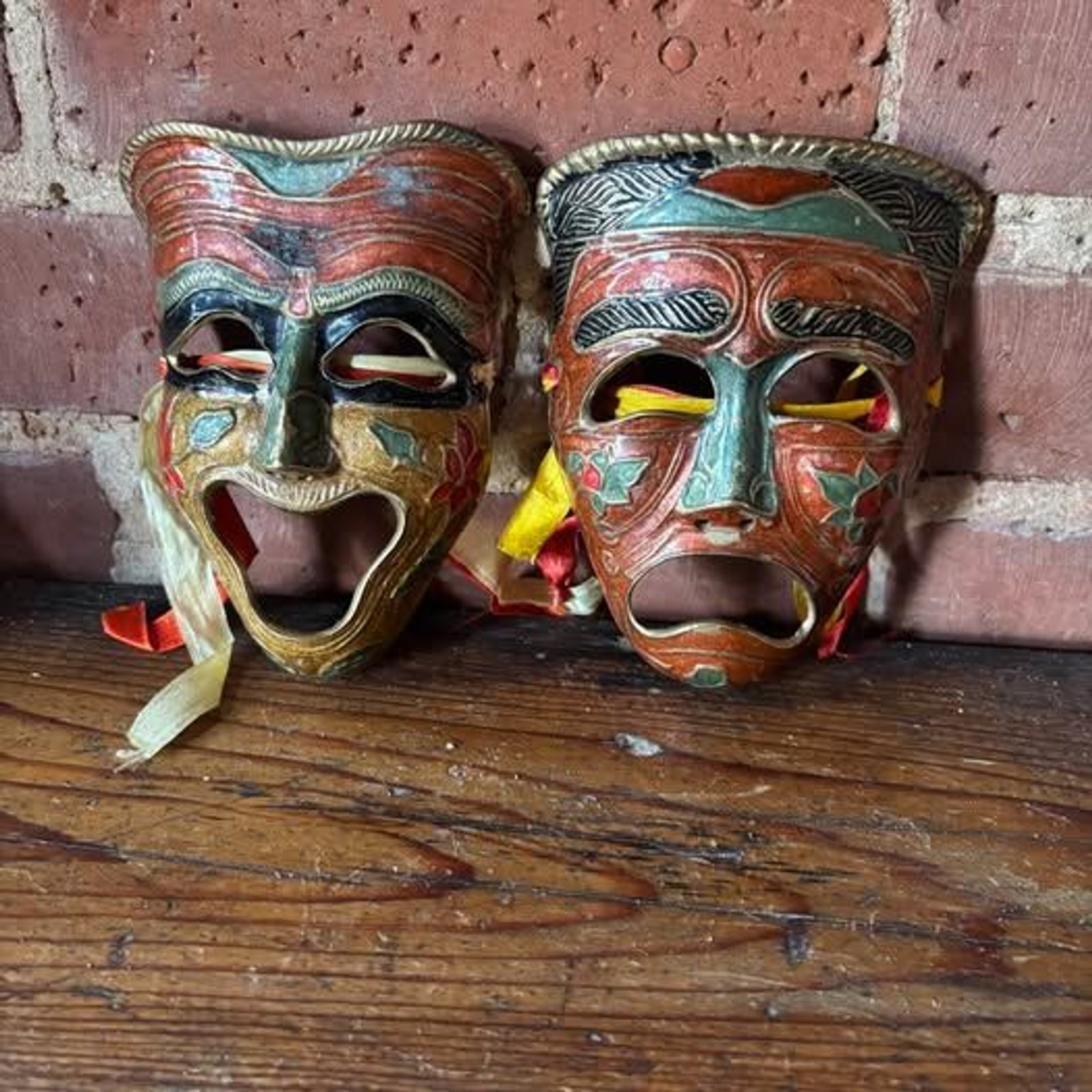 Vintage pair solid brass enamled comedy tragedy drama masks carnival Mardi Gras