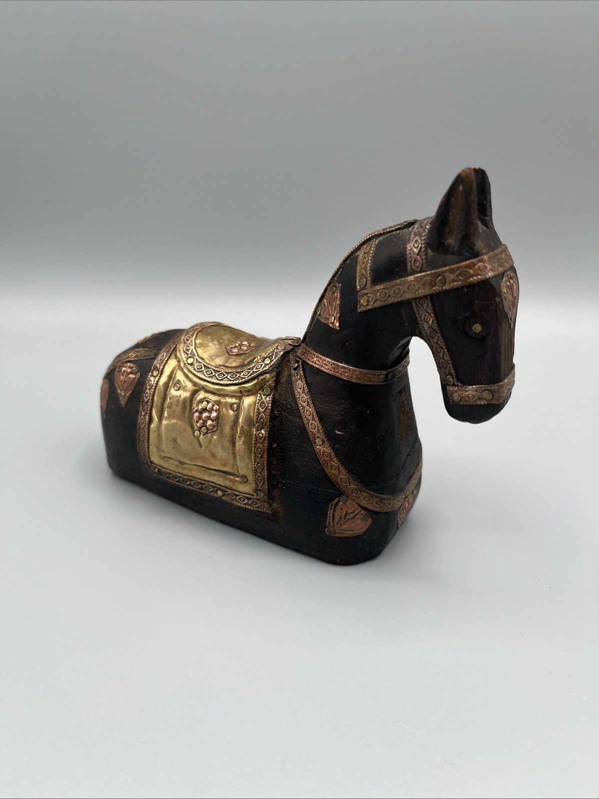 Vintage Armored Hand Carved Horse Wood with Brass & Copper Inlay Bookend