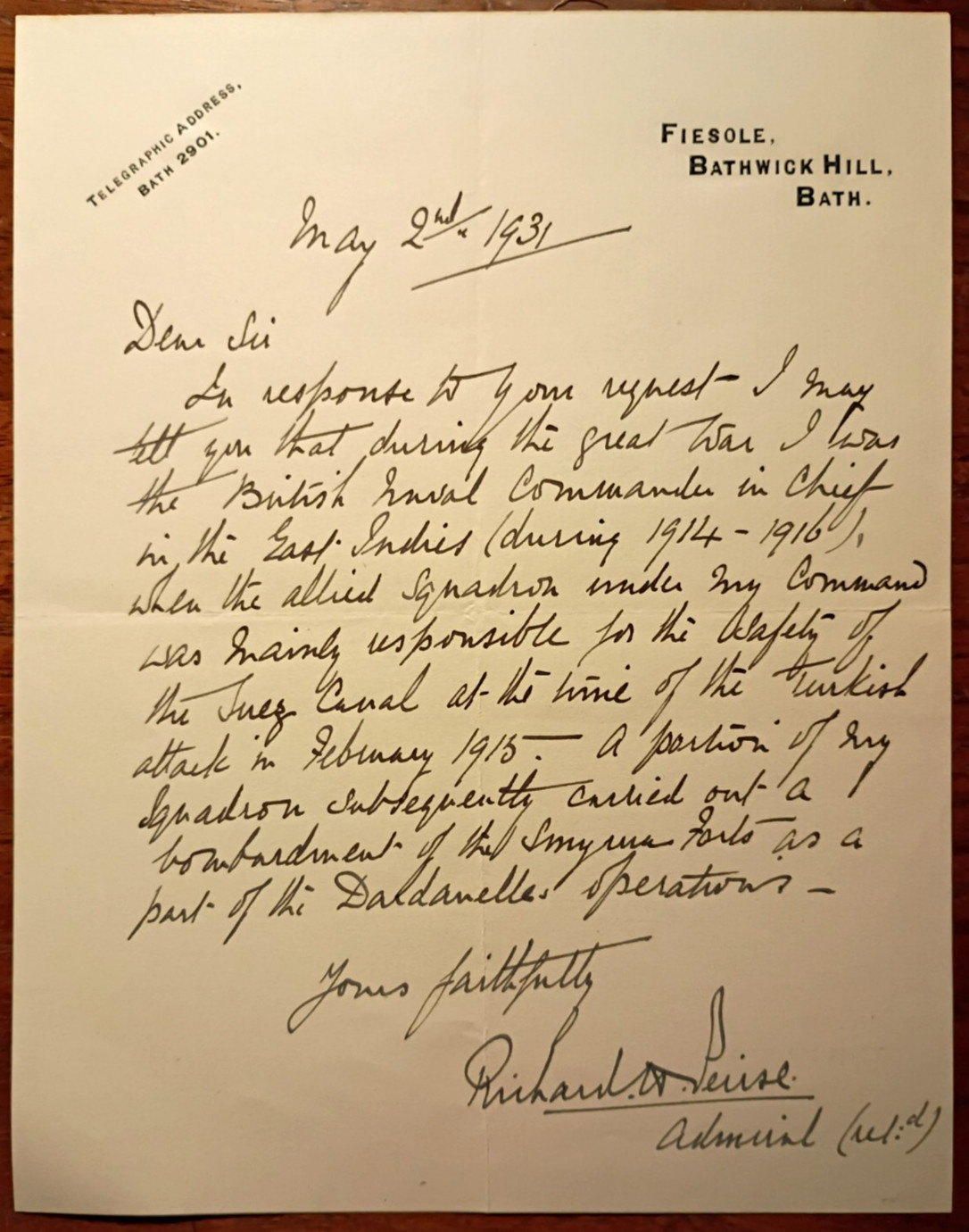 Admiral Sir Richard Henry Peirse (1860-1940) Signed Letter - Smyrna, Suez Canal