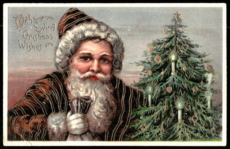 Fancy Striped~Brown Robe~Santa Claus~w/Tree~Antique~ PFB~Christmas Postcard~s589 Fancy Striped~Brown Robe~Santa Claus~w/Tree~Antique~ PFB~Christmas Postcard~s589