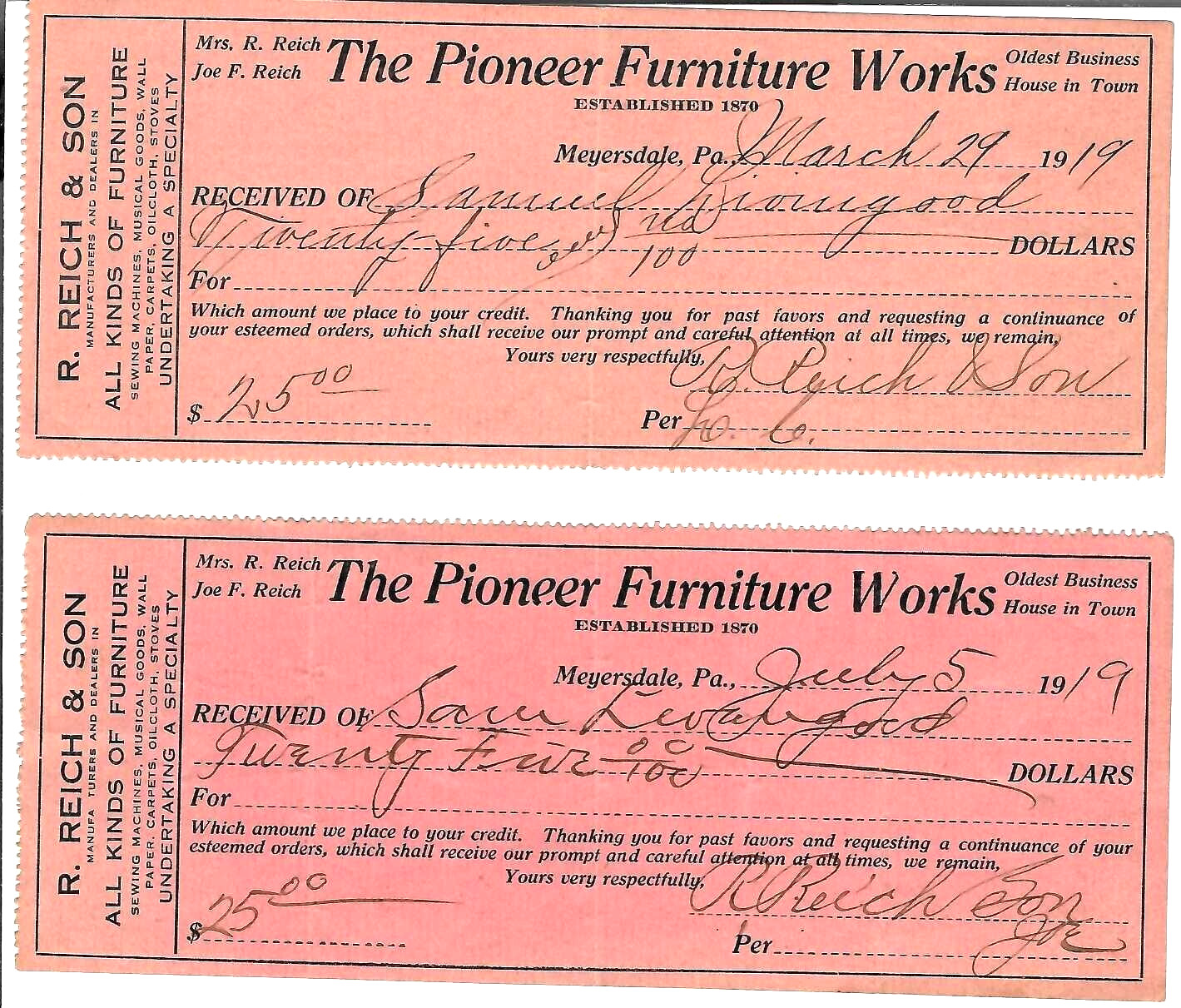 Meyersdale, PA 2 Receipts The Pioneer Furniture Works R Reich & Son 1919