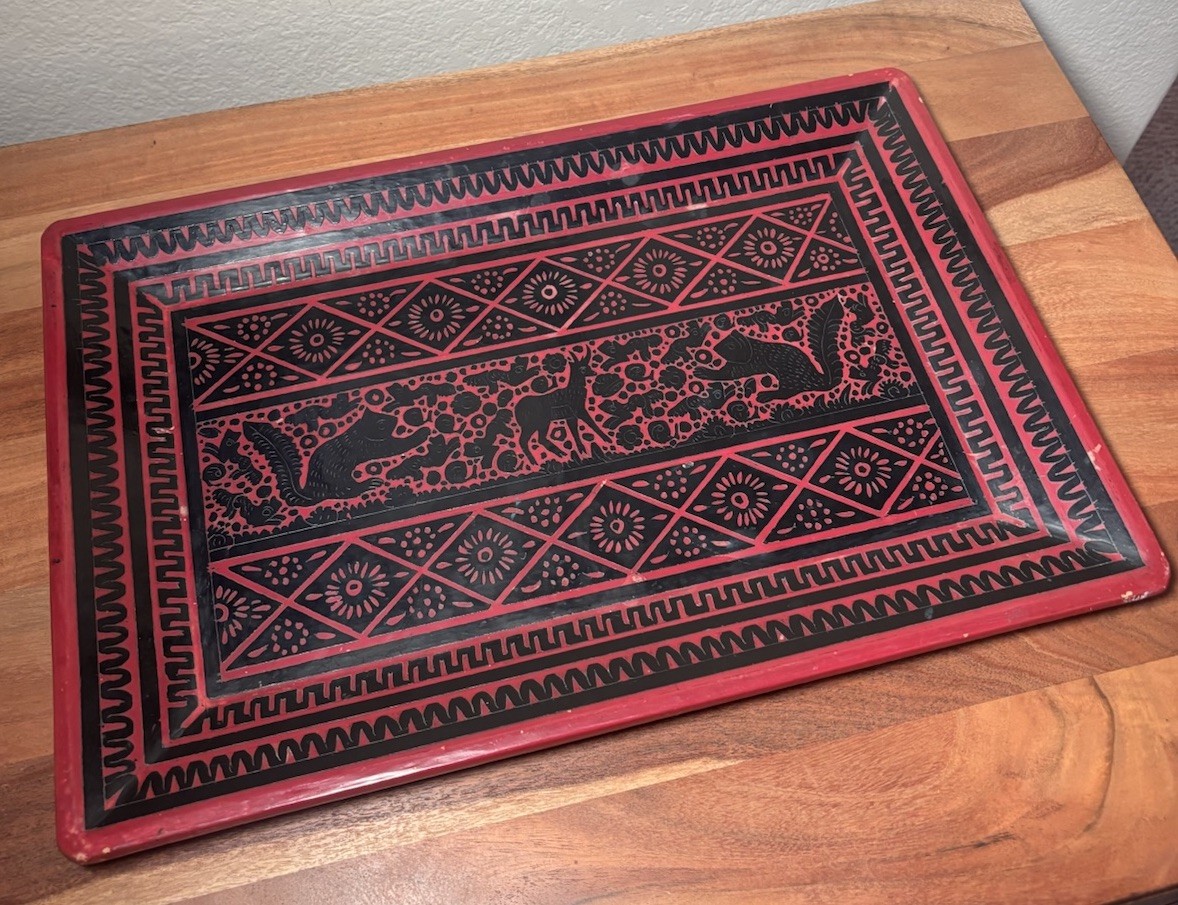 Vintage Mexican Olinala Folk Art Lacquer Serving Tray 18x12 Black Red Wood