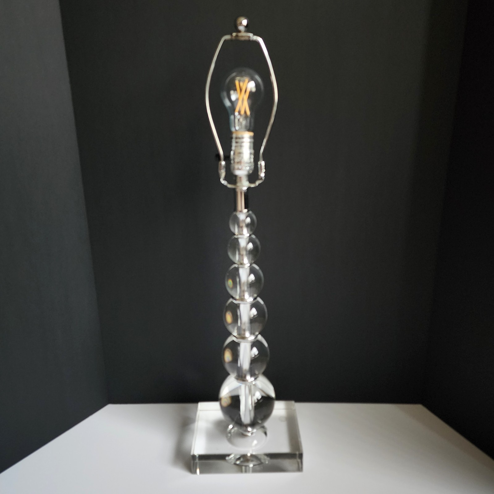 Vintage MCM Six Tapered Stacked Heavy Crystal Glass Ball & Chrome Table Lamp