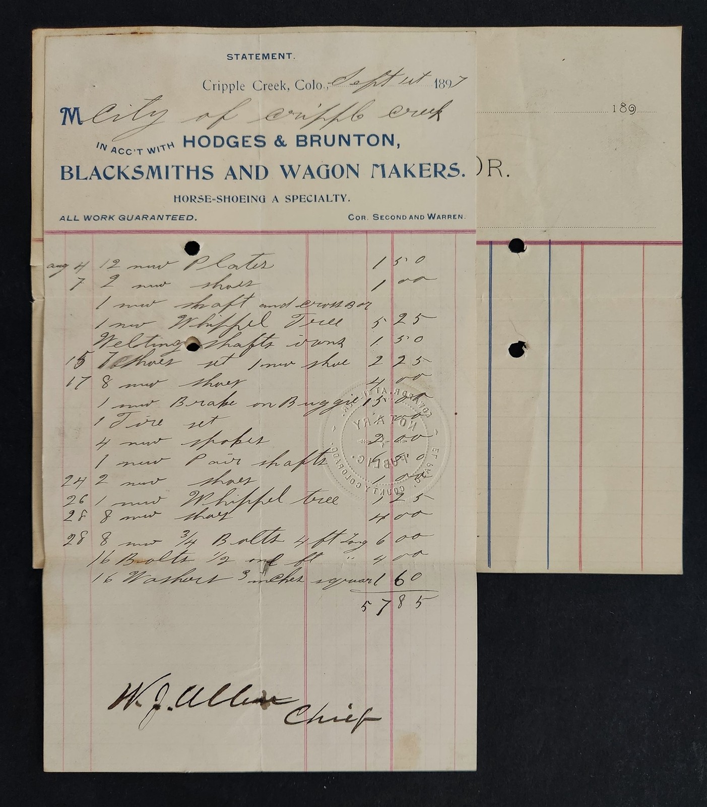 1897 antique HODGES BRUNTON cripple creek co BILLHEAD blacksmith wagon maker sho