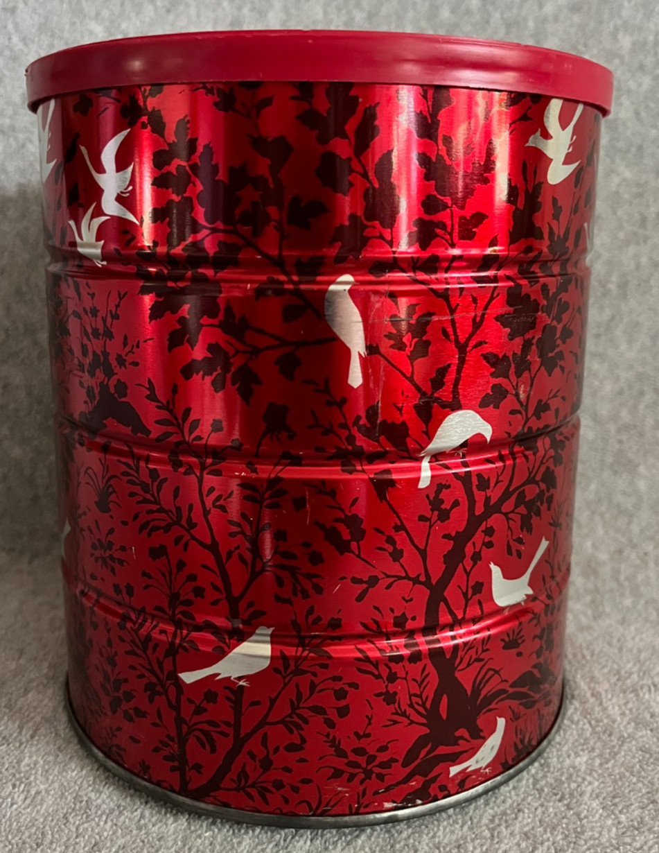 Vintage Hills Bros Red Coffee Can Tin Silver Birds With Tree & Plant Silouettes