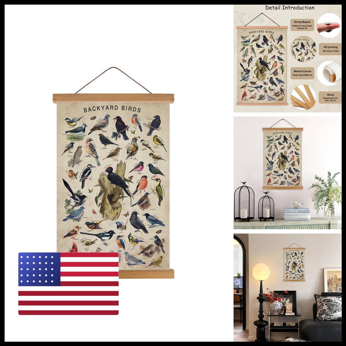 KAIRNE Vintage Backyard Birds Canvas Wall Art Set 35x56cm Hummingbird