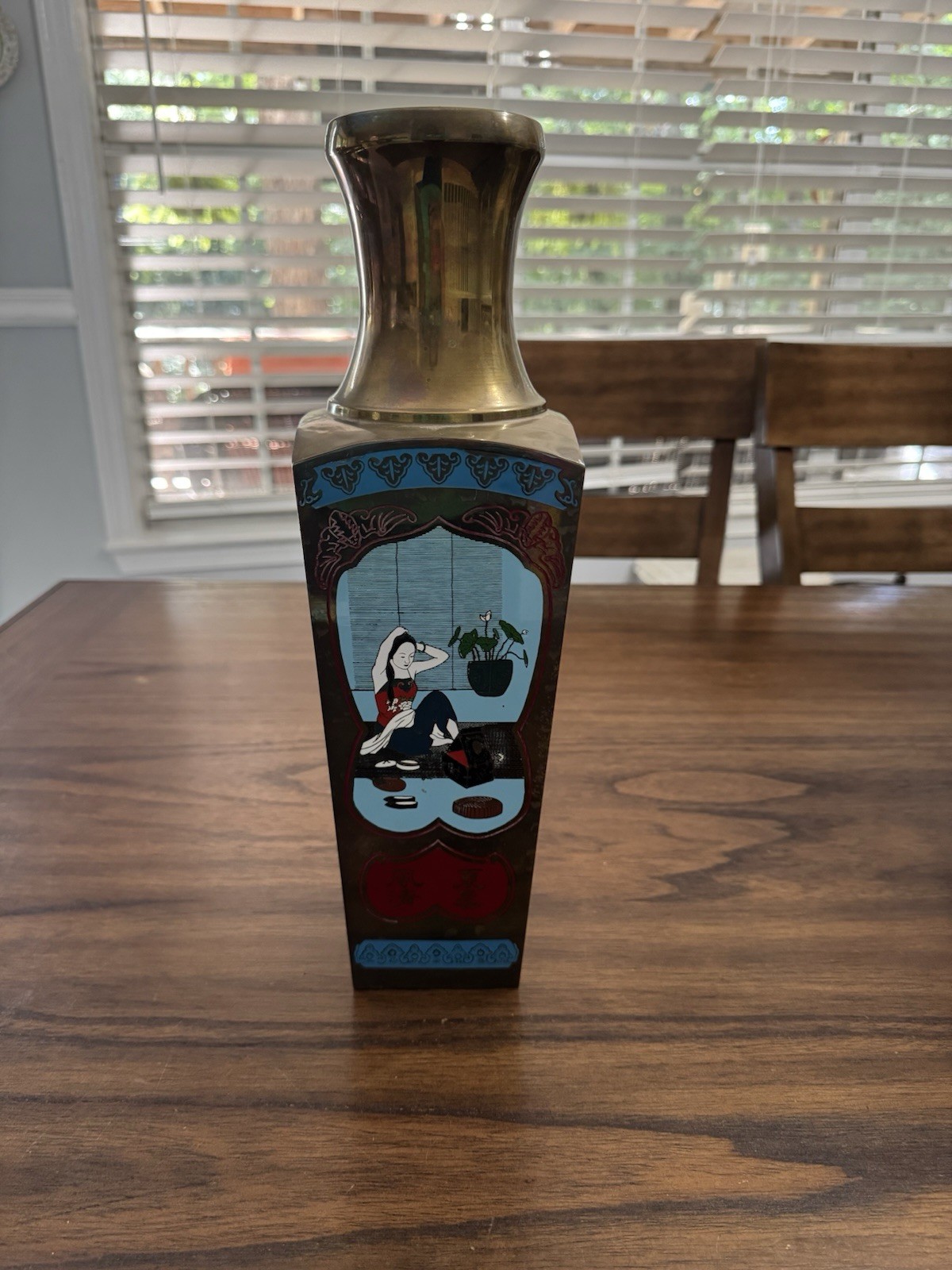 Antique Brass Chinoiserie Vase, Enameled, Champleve Style, Geisha/ Seasons