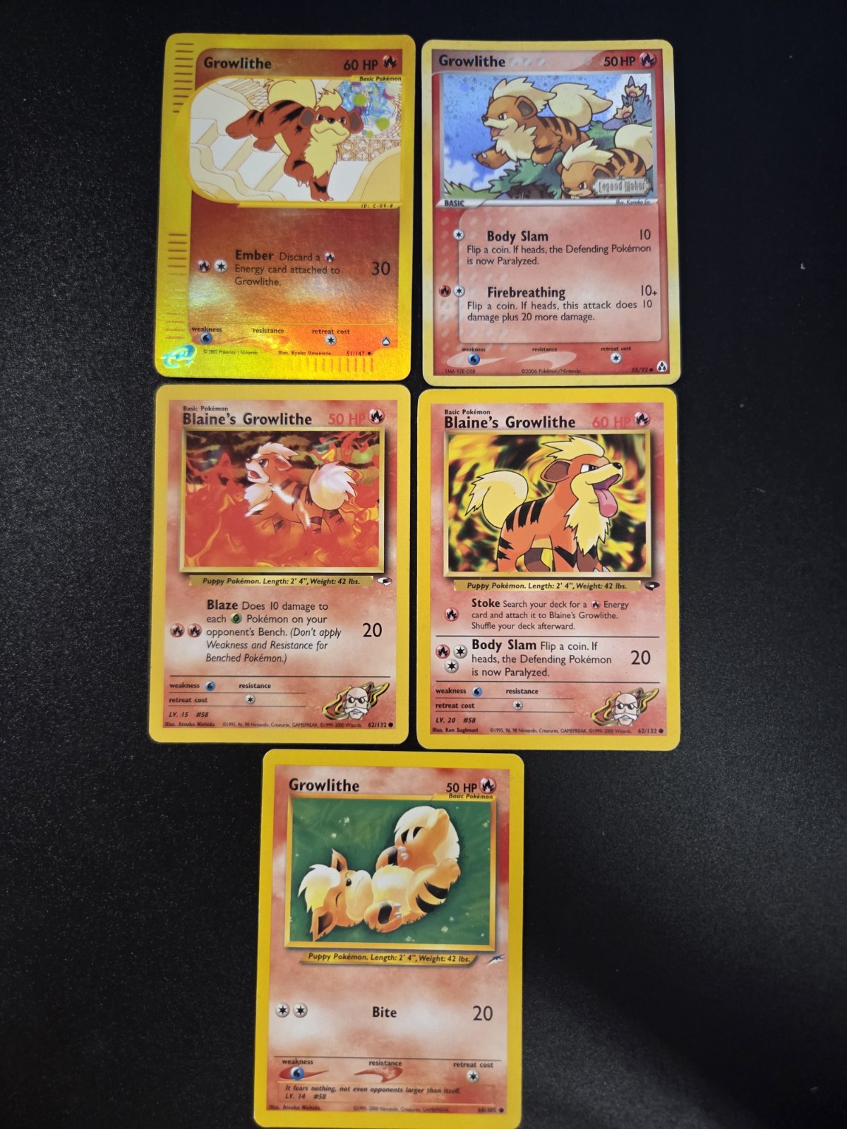 Pokemon TCG ENG 2006 5 Card Lot Growlithe + Blaine’s Growlithe Holo - Stamp  