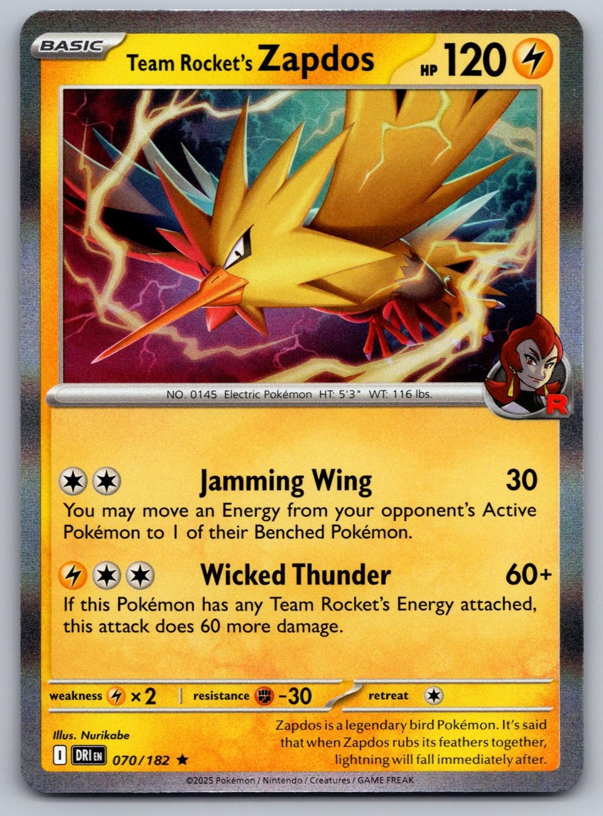Team Rocket\'s Zapdos 070/182 Rare Destined Rivals Pokemon Card Holo Near Mint