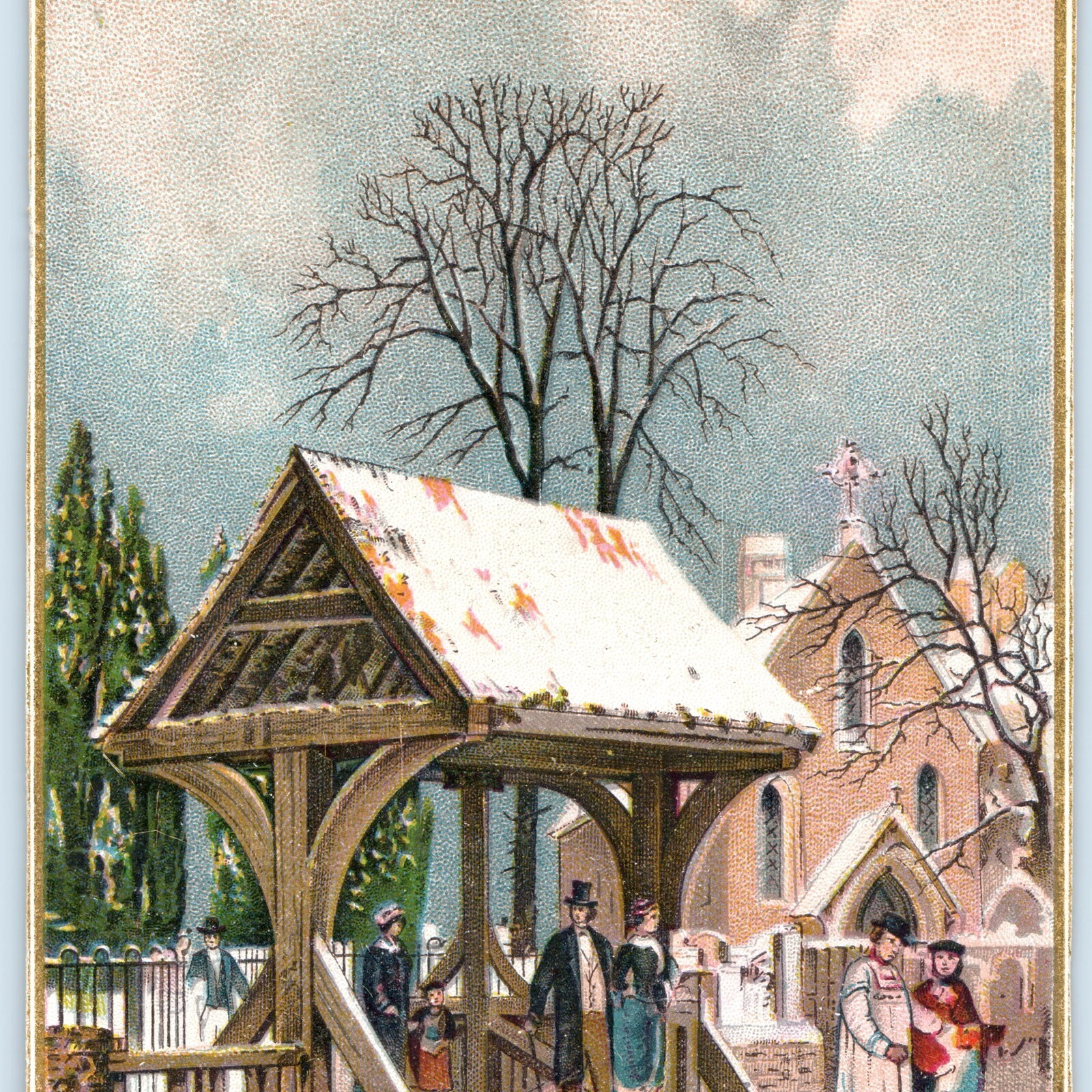 Vtg 1880s Christmas Xmas Poem Trade Card Church Lychgate Winter Snow Street Car Vtg 1880s Christmas Xmas Poem Trade Card Church Lychgate Winter Snow Street Car