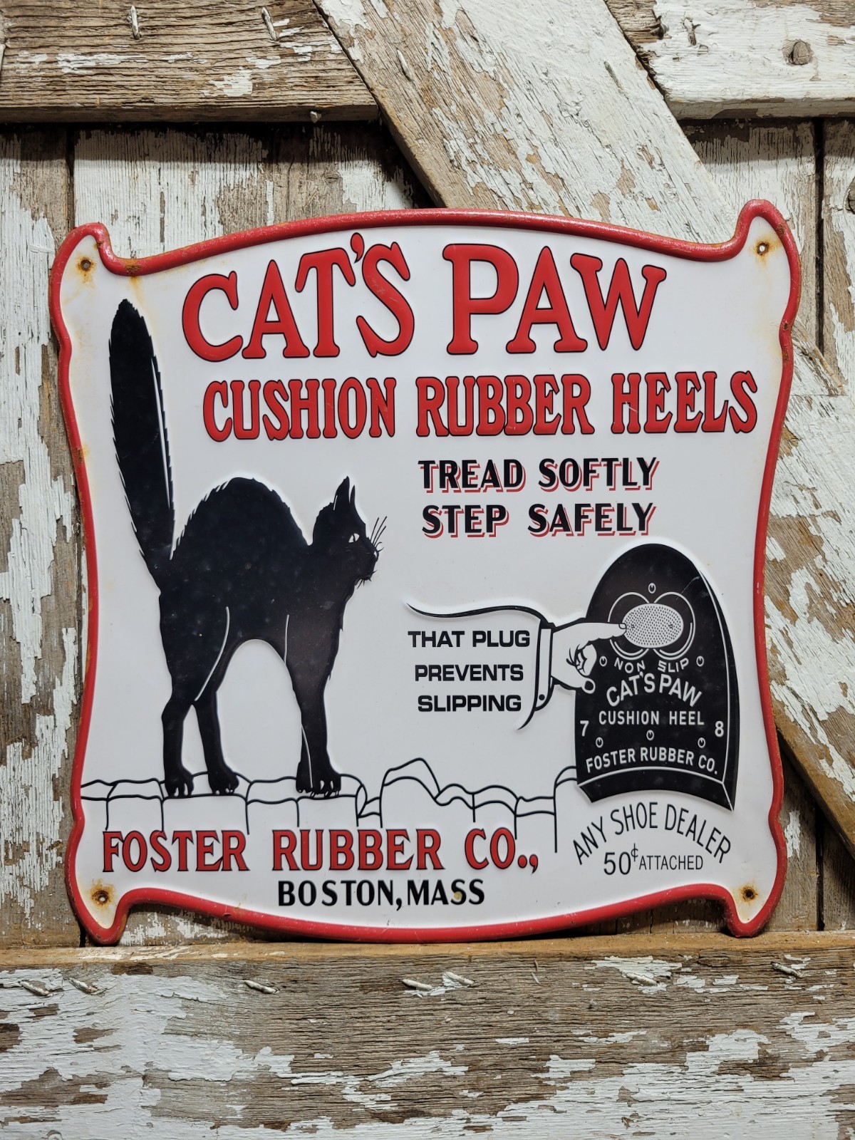 VINTAGE CATS PAW SIGN OLD METAL TIN FOSTER RUBBER SHOE HEELS BOSTON FOOTWEAR 17