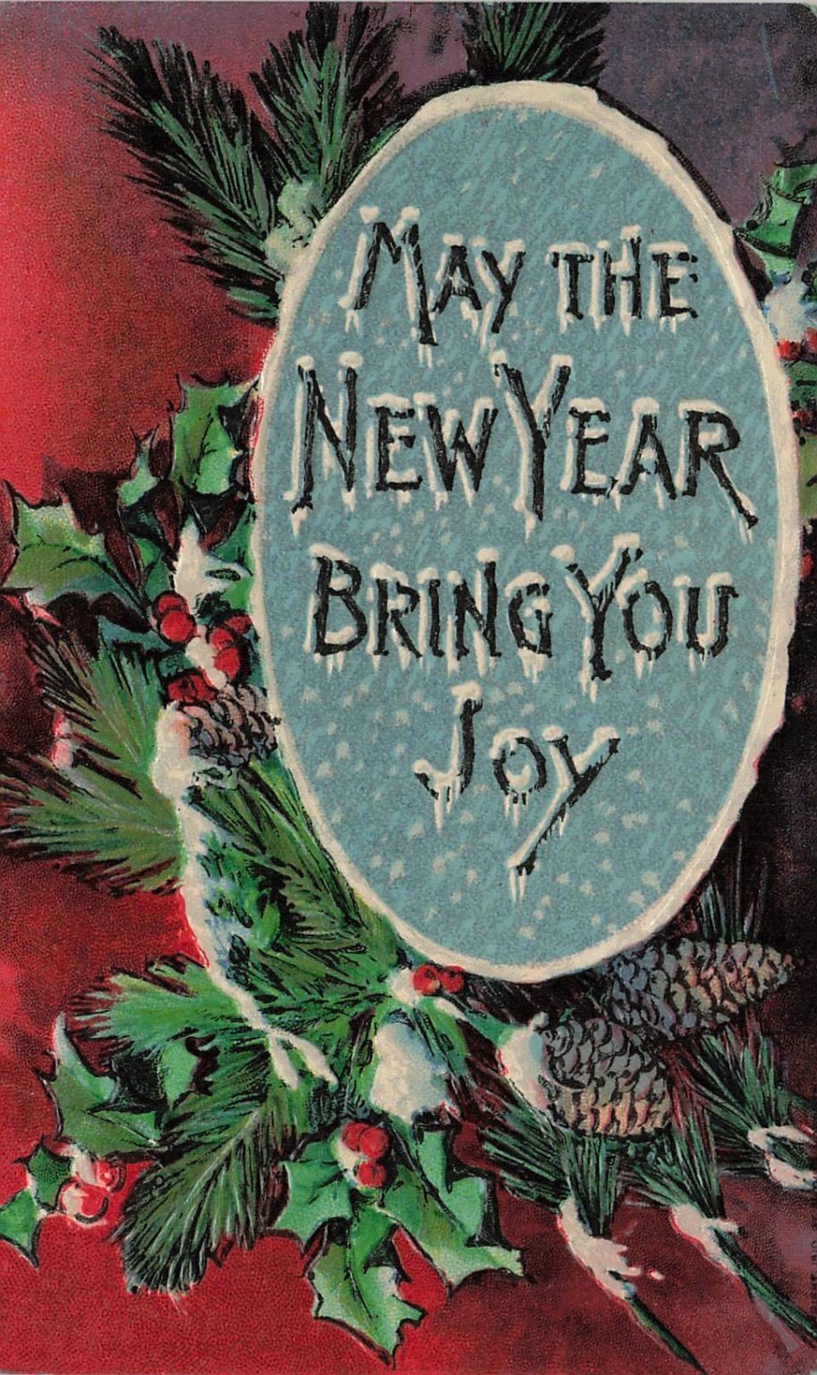 1913 New Year Postcard Winslow NJ Holly Pinecone Snow Embossed Greeting