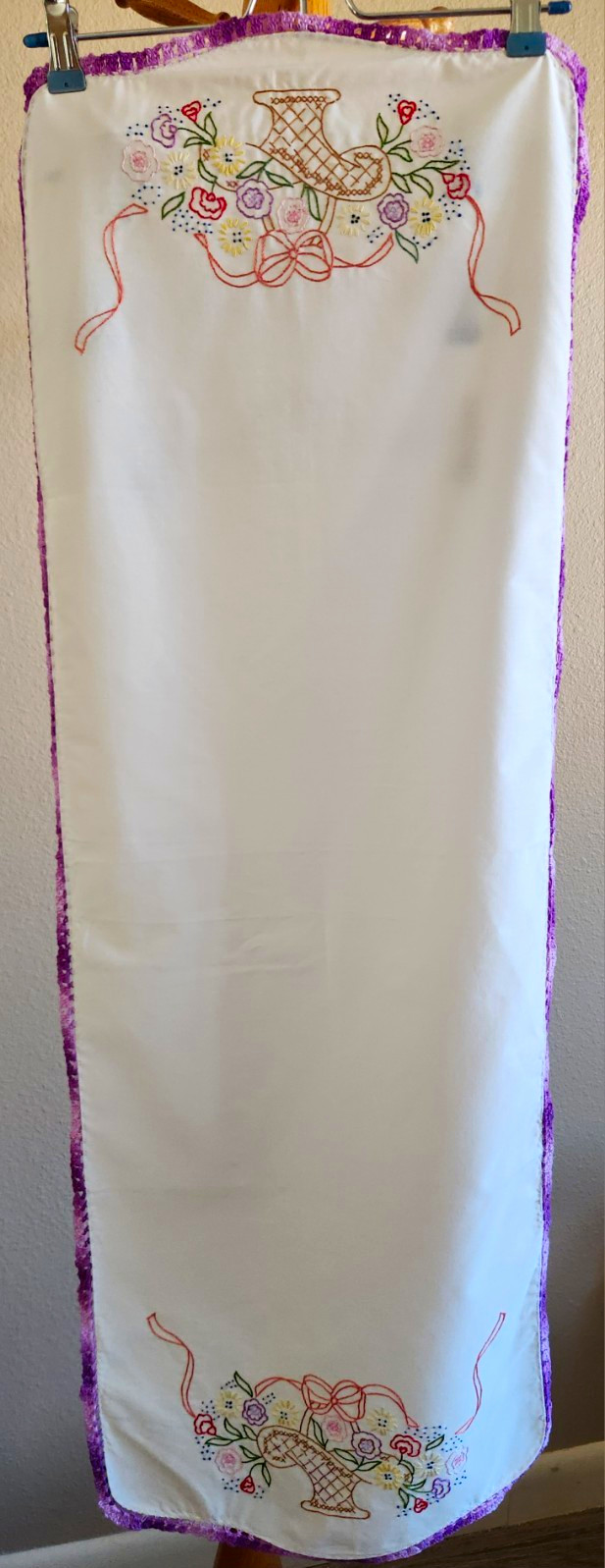 Vintage Hand Embroidered Table Runner Floral Basket Purple Crochet Trim 15x42