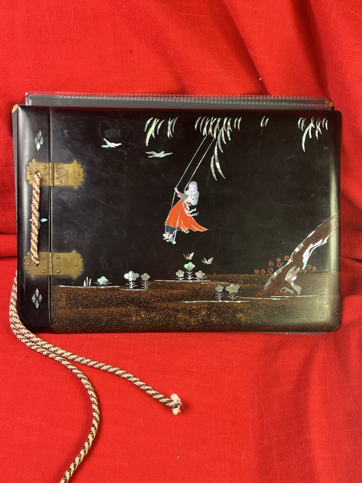 Scrapbook Photo Album Book Antique Japan Asian Black Lacquer Inlay Mother Pearl