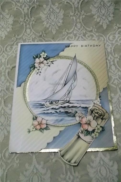 VINTAGE 1940\'s SAILBOAT SAILING SHIP BIRTHDAY GREETING CARD w CHART TO HAPPINESS