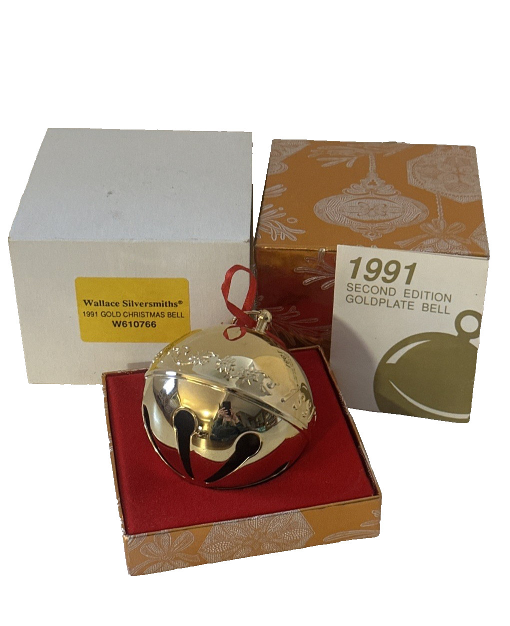 1991 Wallace Gold Plated Sleigh Bell Ornament w/ Box