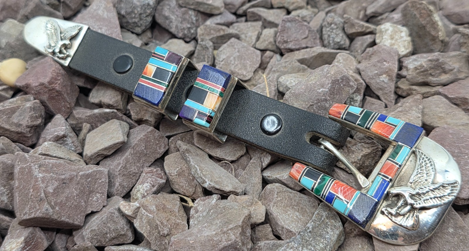 Navajo Tom David Inlaid Sterling Silver Eagle Ranger Belt Buckle Set