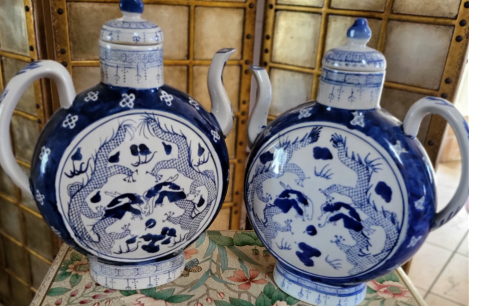 1980s PAIR OF VINTAGE BLUE AND WHITE CHINESE WINE JARS  EACH 12” TALL 10” W