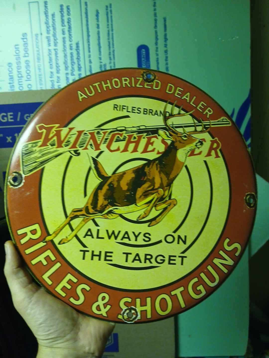 VINTAGE WINCHESTER PORCELAIN SIGN OLD FIREARM AMMUNITION GUN SHOTGUN RIFLES DEER