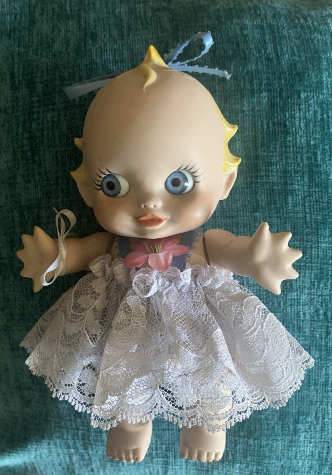 Vintage Bisque Porcelain Fully Jointed Kewpie Style Doll-Blue Eyes Super Cute 7”